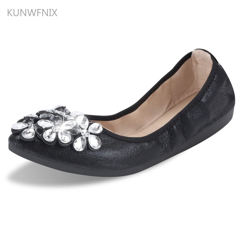 KUNWFNIX أحذية باليه نسائية كوانفنيكس مزينة بالأحجار الكريمة، أحذية زفاف باليرينا قابلة للطي، مريحة ولامعة، أحذية مسطحة سهلة الارتداء - Image 2